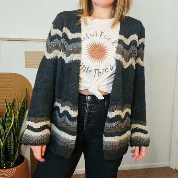 Twins Sweaters - Twins Italian Wool Grey Open Style Crochet Knit Boho Cardigan Sweater